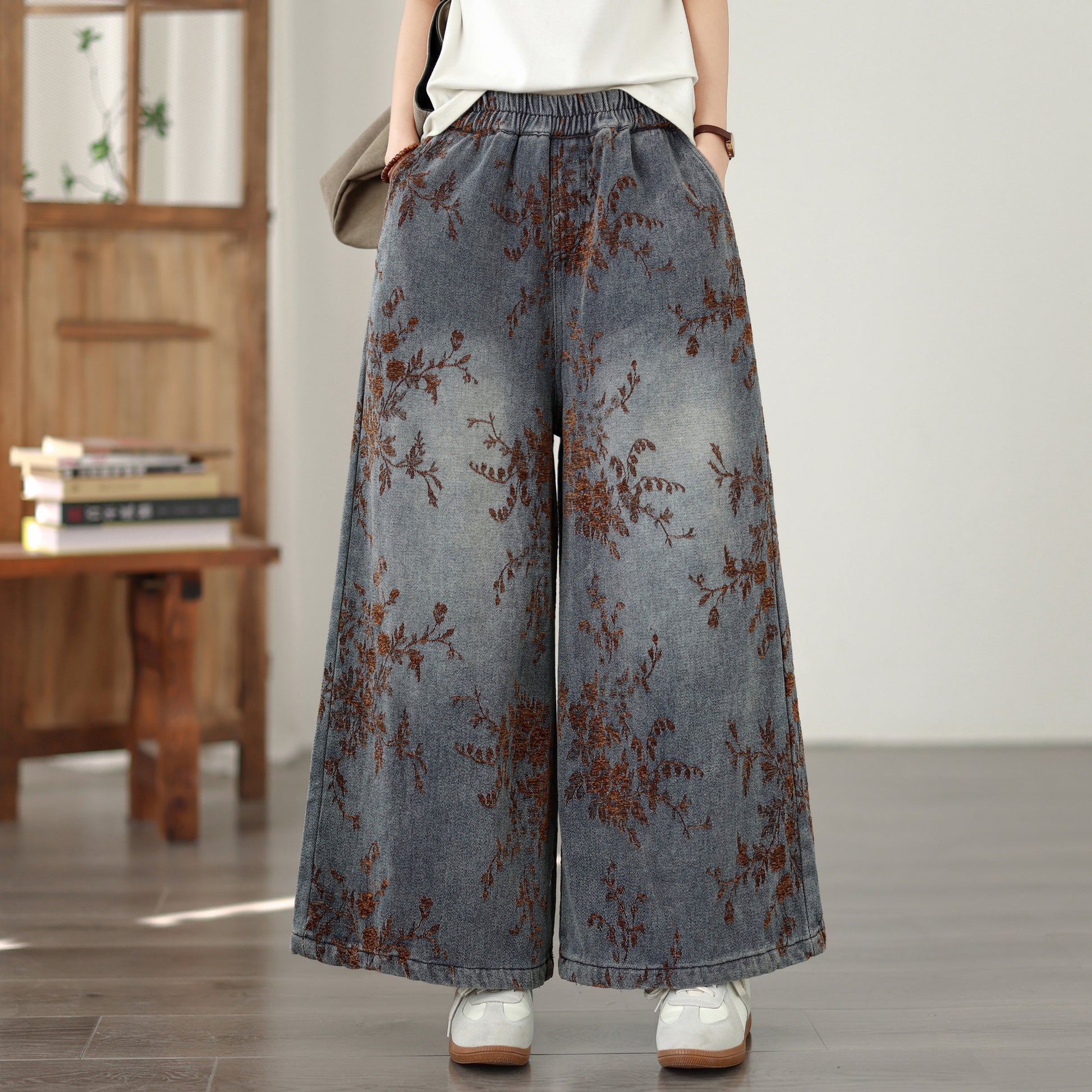 26-Women's Denim Wide Leg Baggy Elastic Waist  Jeans - LAI MENG FIVE CATS
