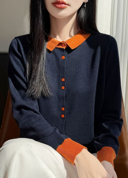 Contrast Collar Knit Cardigan – Two-Tone Polo Button-Up Sweater