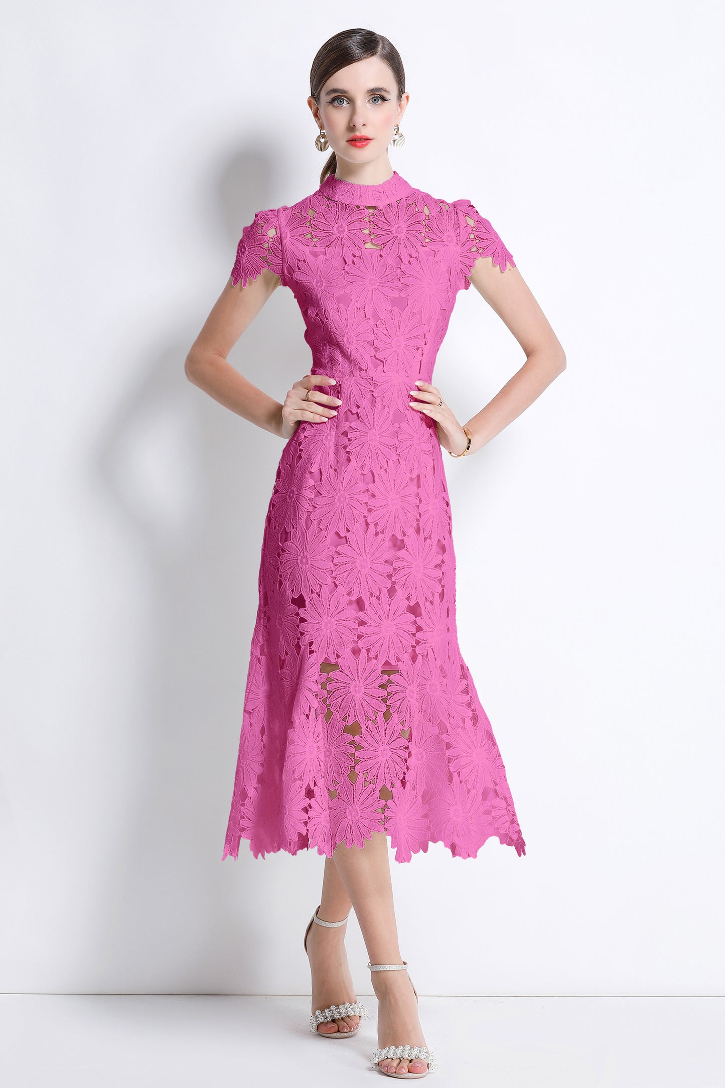 Women Hollow Out Lace Floral Fishtail Midi Dress