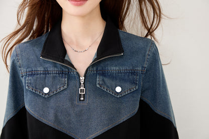 Denim Contrast Half-Zip Sweatshirt | Early Fall Casual