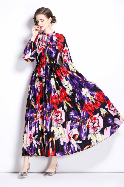 Women's Pleated Floral print Maxi Swing Loose Party Dress