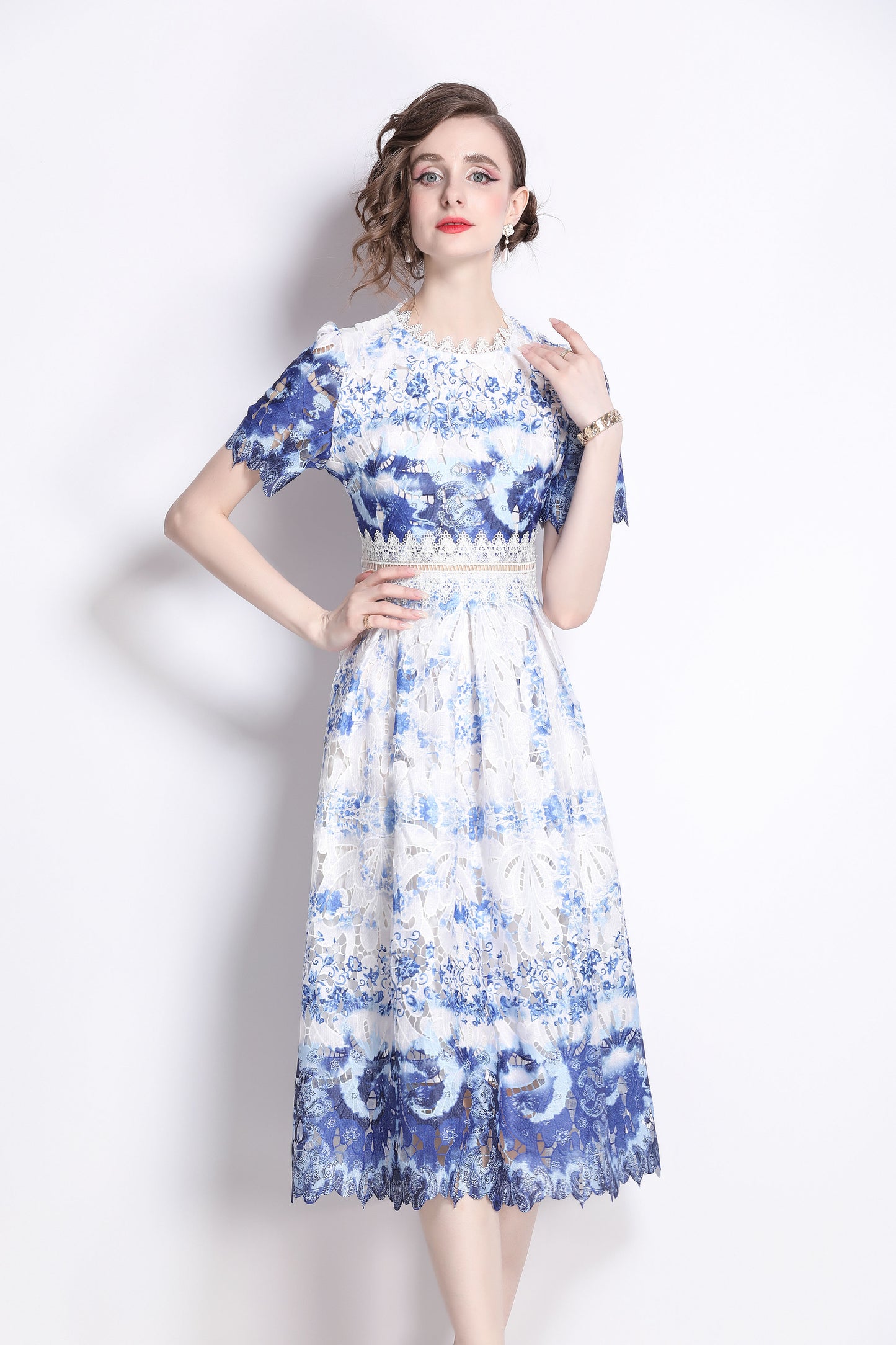 Women's Lace Floral Short Sleeve Crochet Waist Cocktail Midi Dress