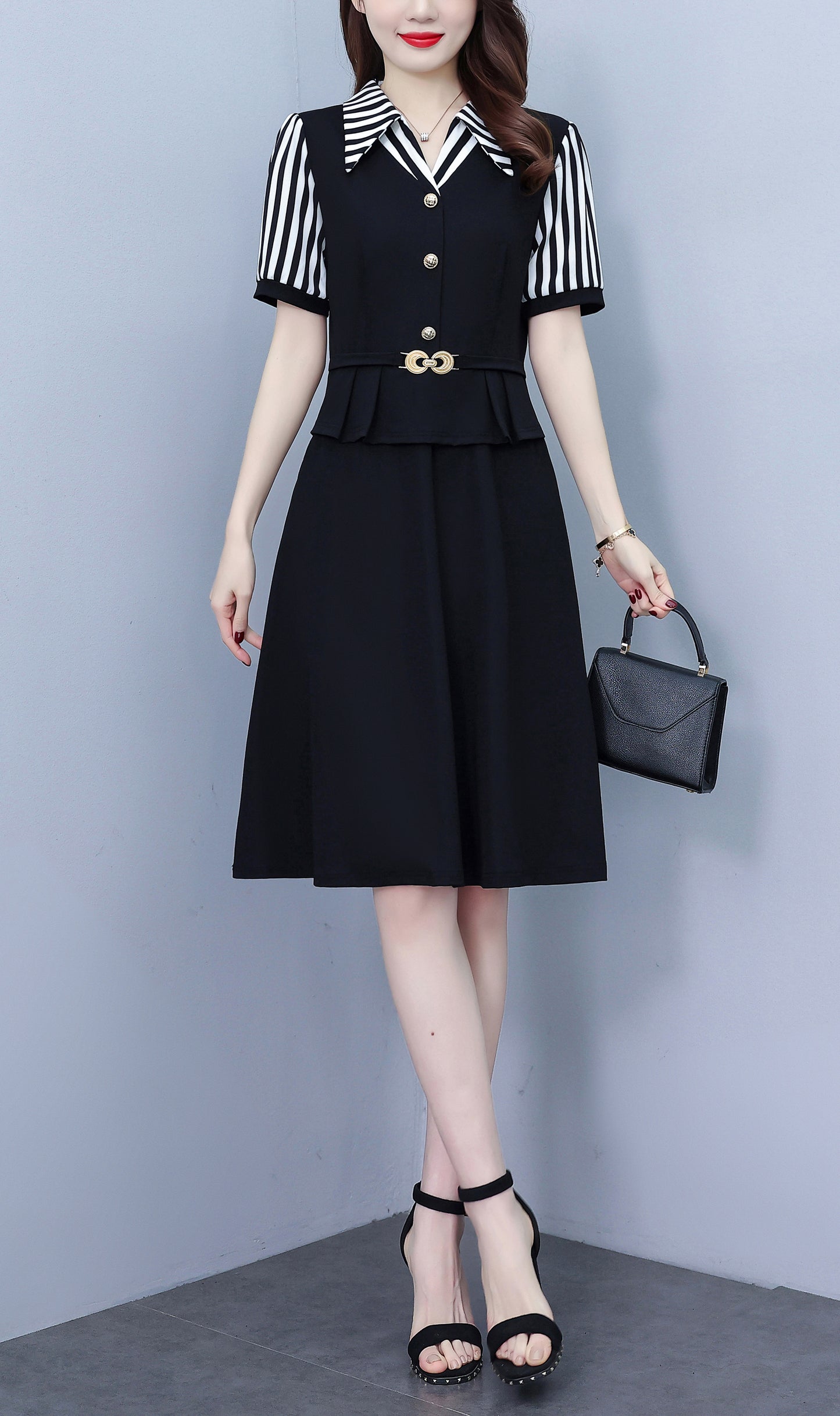 Women's Lapel V-Neck Pocket Short Sleeve Midi Dress - LAI MENG FIVE CATS