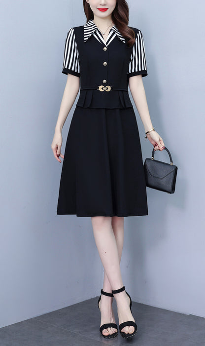 Women's Lapel V-Neck Pocket Short Sleeve Midi Dress - LAI MENG FIVE CATS