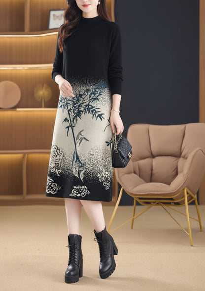 Women's Fashion Print Knit Pullover Sweater Midi Dress