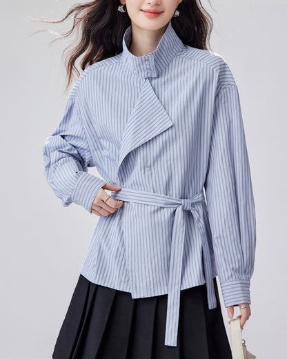 Blue Striped Tie-Waist Shirt | Relaxed Fall Everyday Top