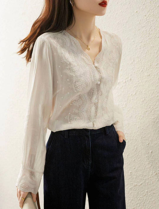 Women's V Neck Lace Crochet See Through Blouse - LAI MENG FIVE CATS
