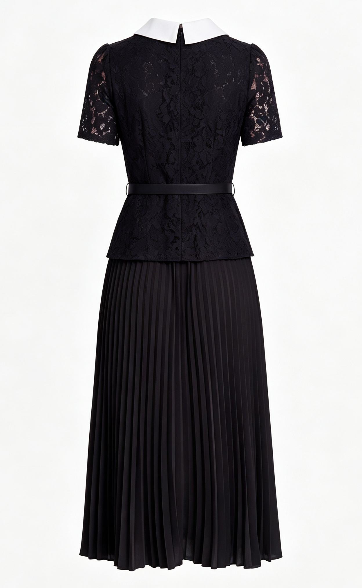 Lace Collar Pleated Midi Dress With Belts