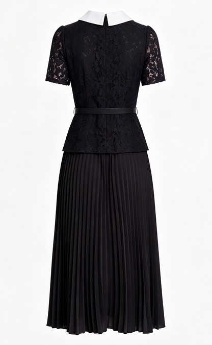 Lace Collar Pleated Midi Dress With Belts