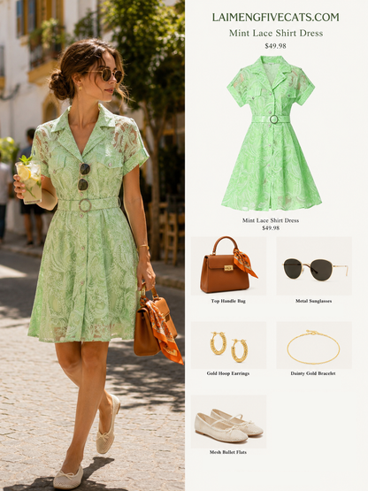 Mint Bloom Lace Mini Shirt Dress