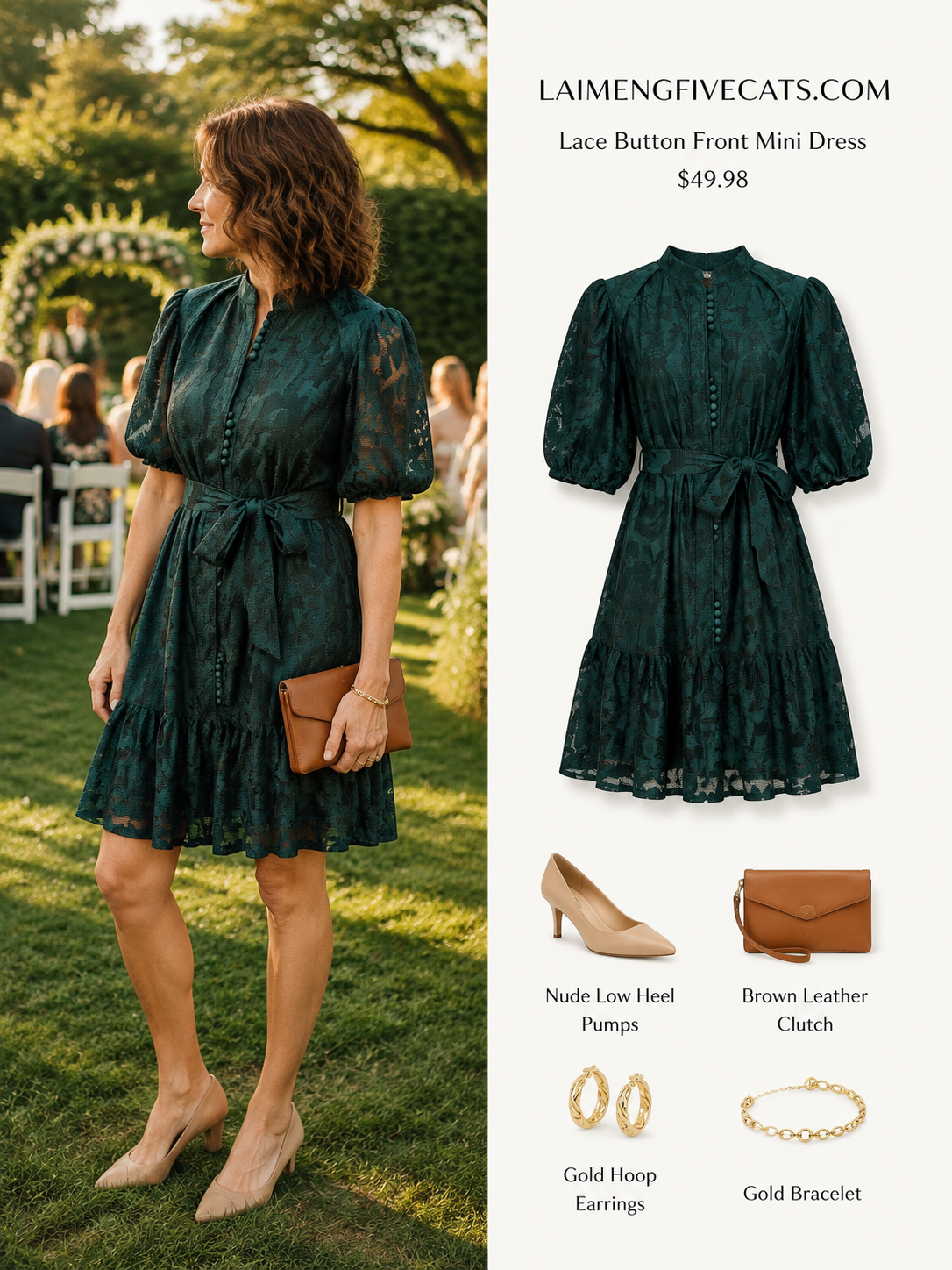 Emerald Lace Puff Sleeve Mini Dress - LAI MENG FIVE CATS