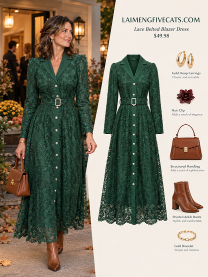 28680-Lace Belted Blazer Dress – Pink & Forest Green | Long Sleeve A-Line Dress