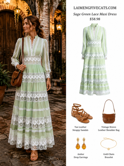 Sage Green V Neck Lace Maxi Dress