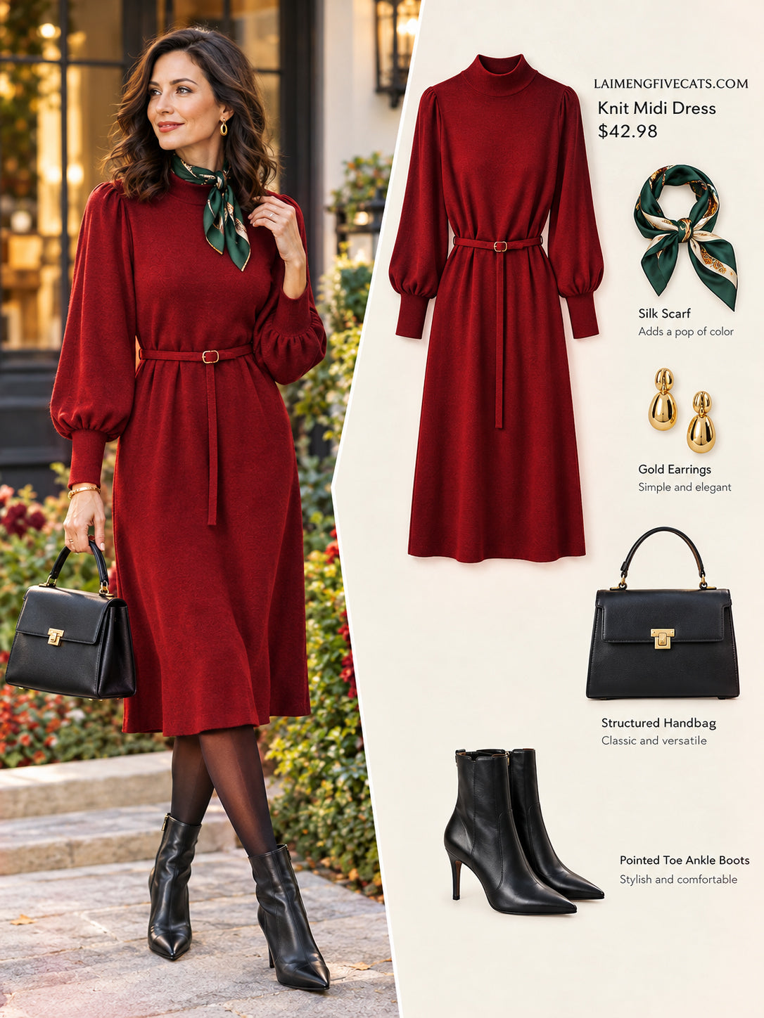 Elegant Mock Neck Knit Midi Dress: Lantern Sleeves & Belted Waist