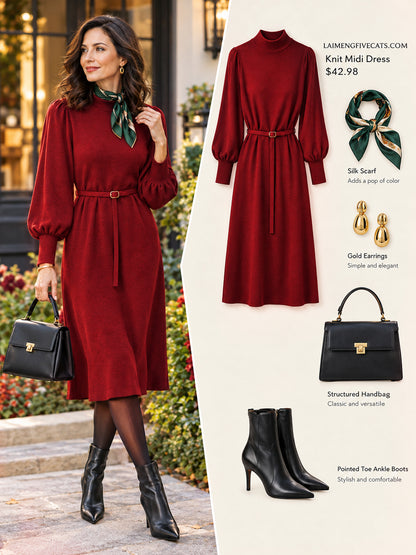 Elegant Mock Neck Knit Midi Dress: Lantern Sleeves & Belted Waist