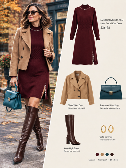 28711 Mock Neck Knit Dress With Pearl Slit Detail - LAI MENG FIVE CATS