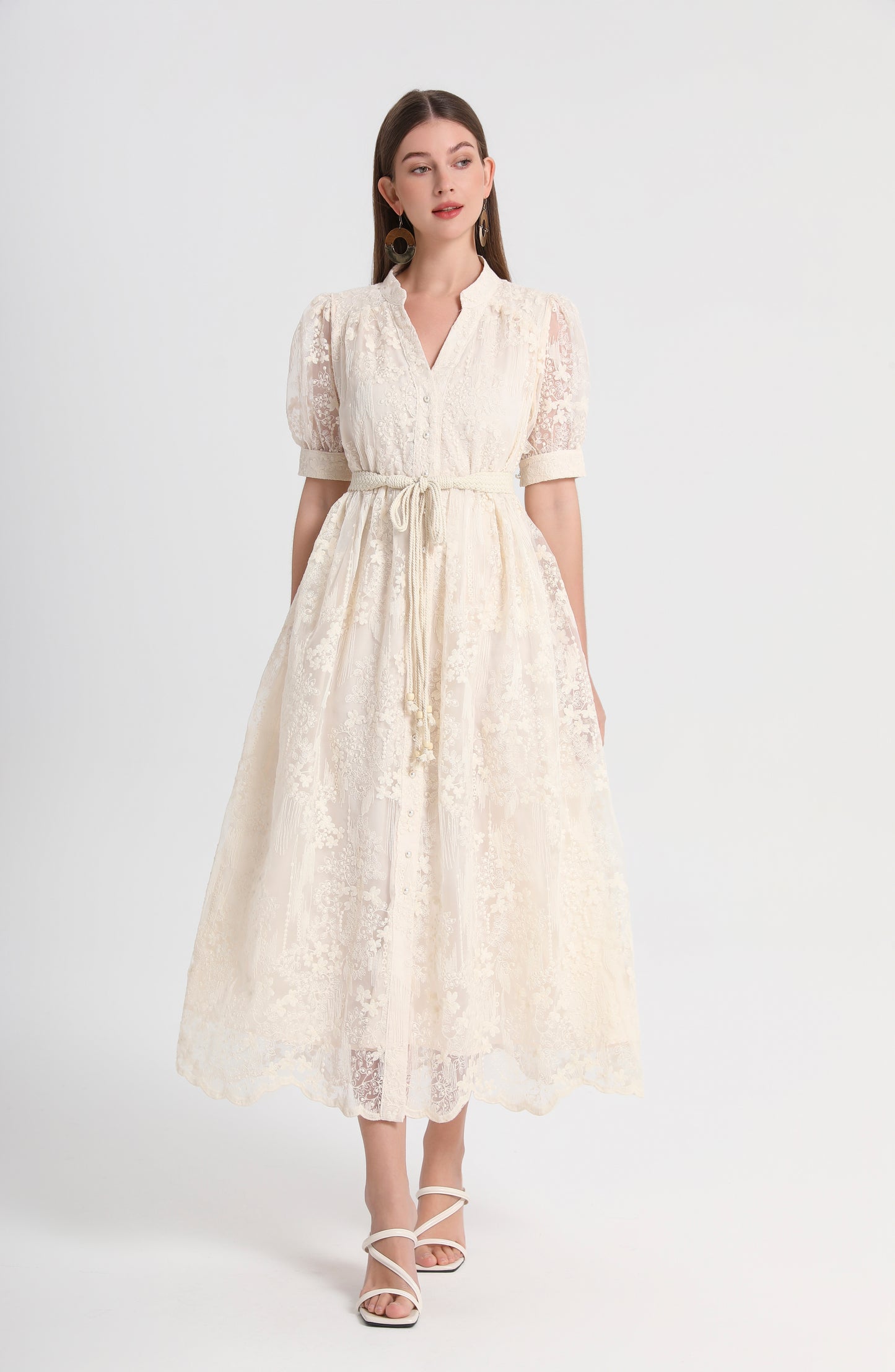 Apricot Embroidered Mesh Elegant Midi Dress - LAI MENG FIVE CATS
