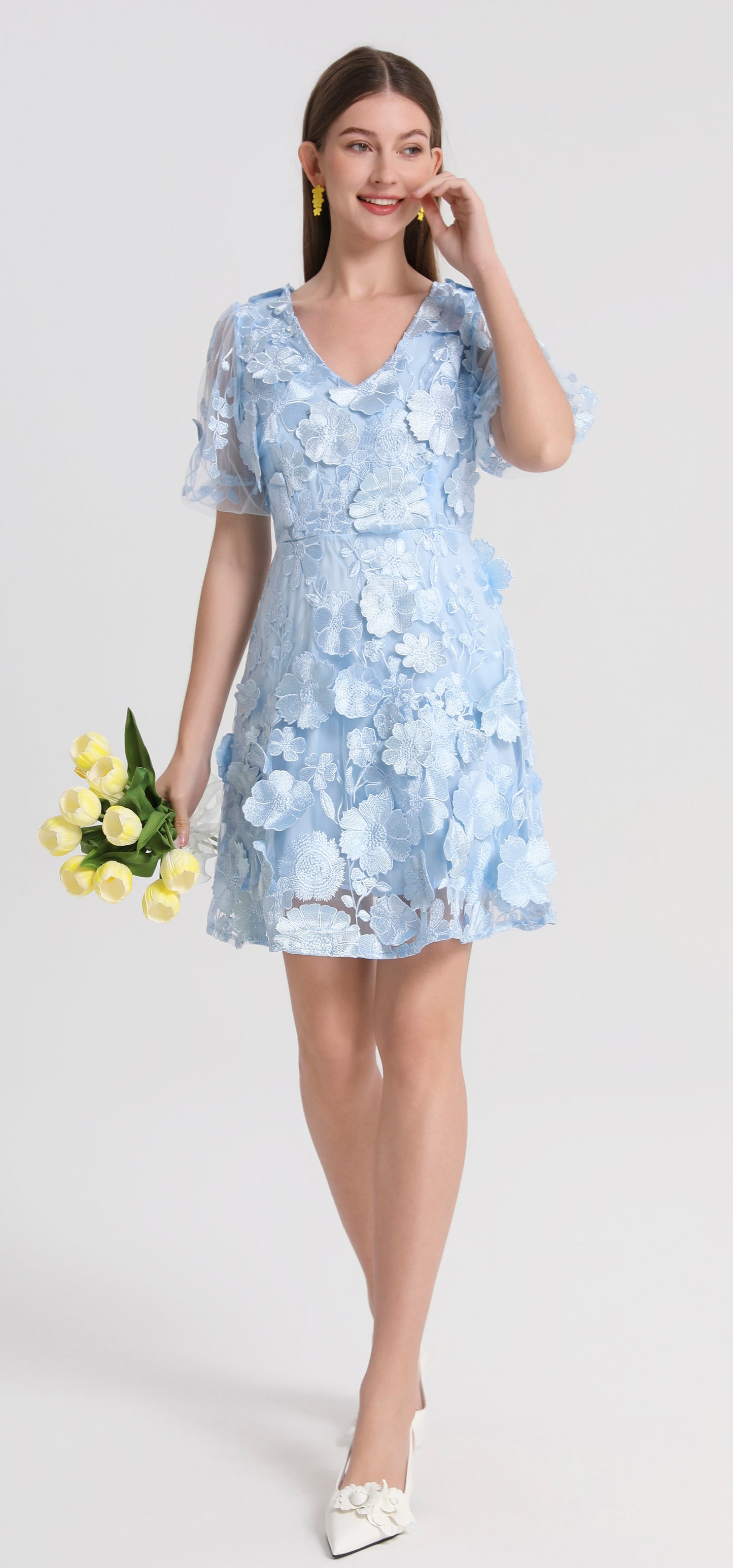 Light Blue 3D Floral Embroidered Mini Dress for Wedding Guests - LAI MENG FIVE CATS