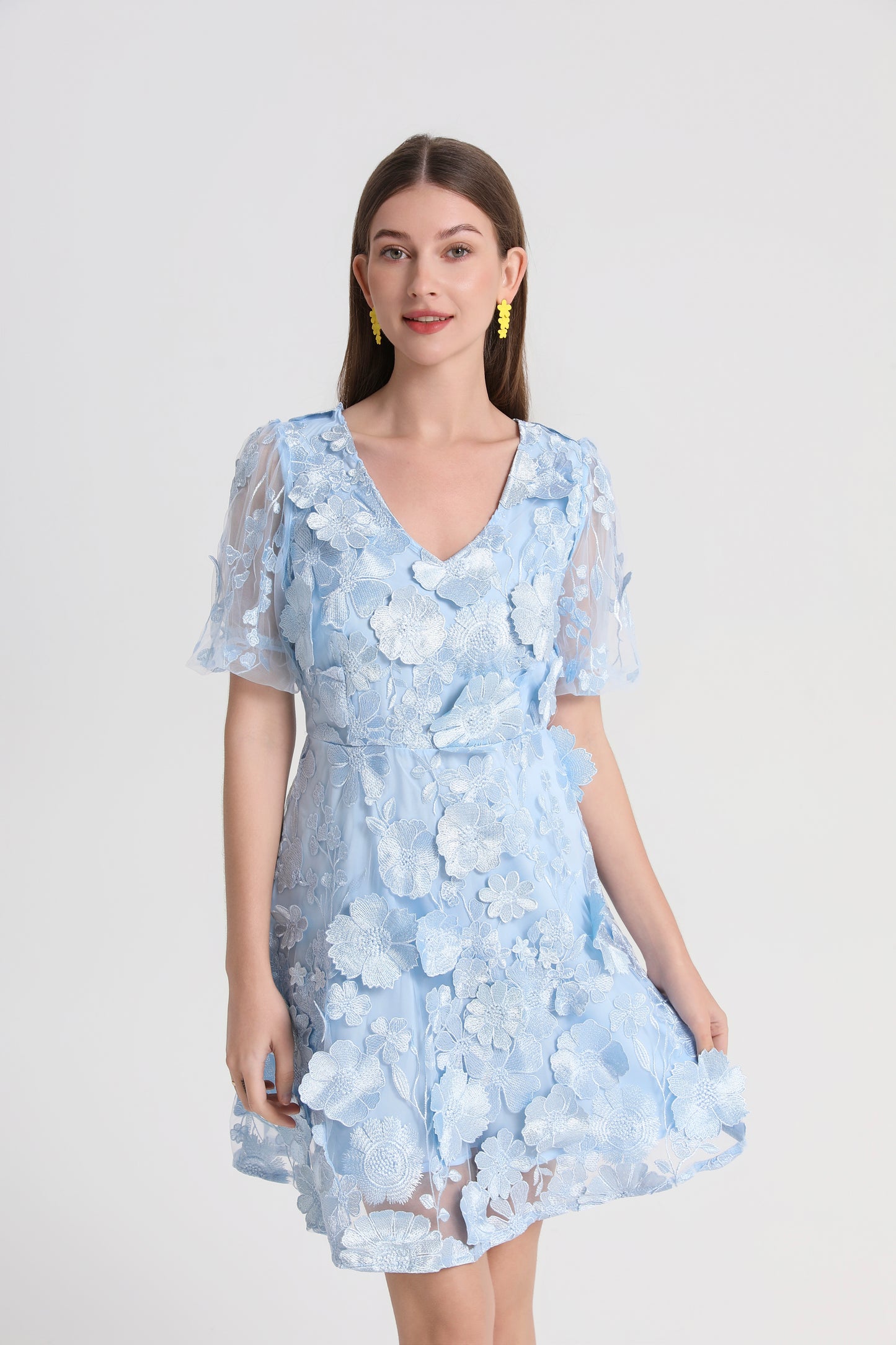 Light Blue 3D Floral Embroidered Mini Dress