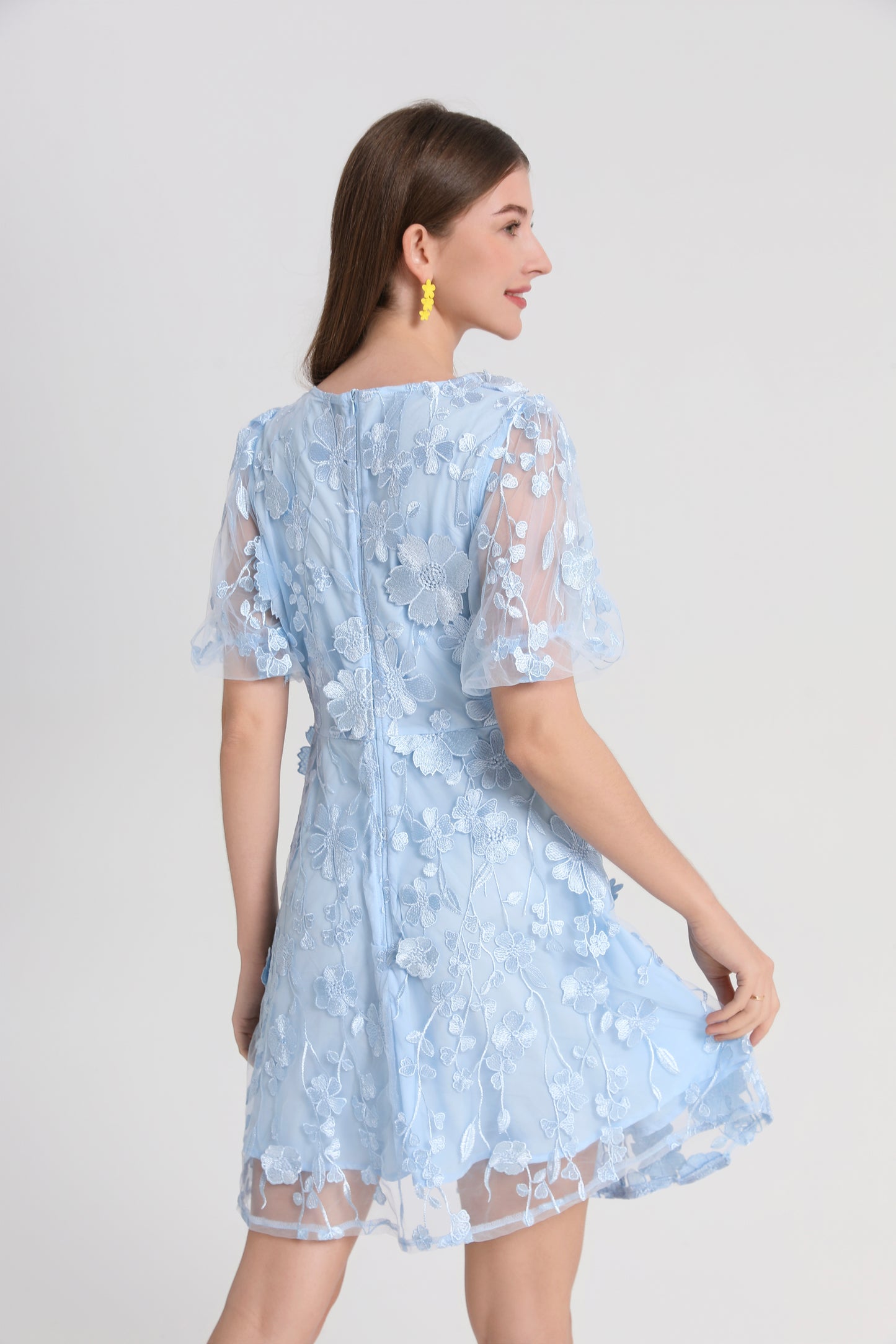 Light Blue 3D Floral Embroidered Mini Dress