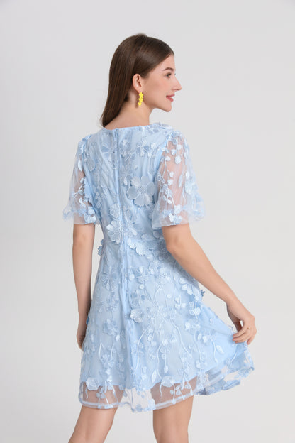 Light Blue 3D Floral Embroidered Mini Dress