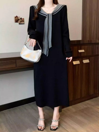 Women's V-Neck Sailor Stripe Sweater Knit Dress