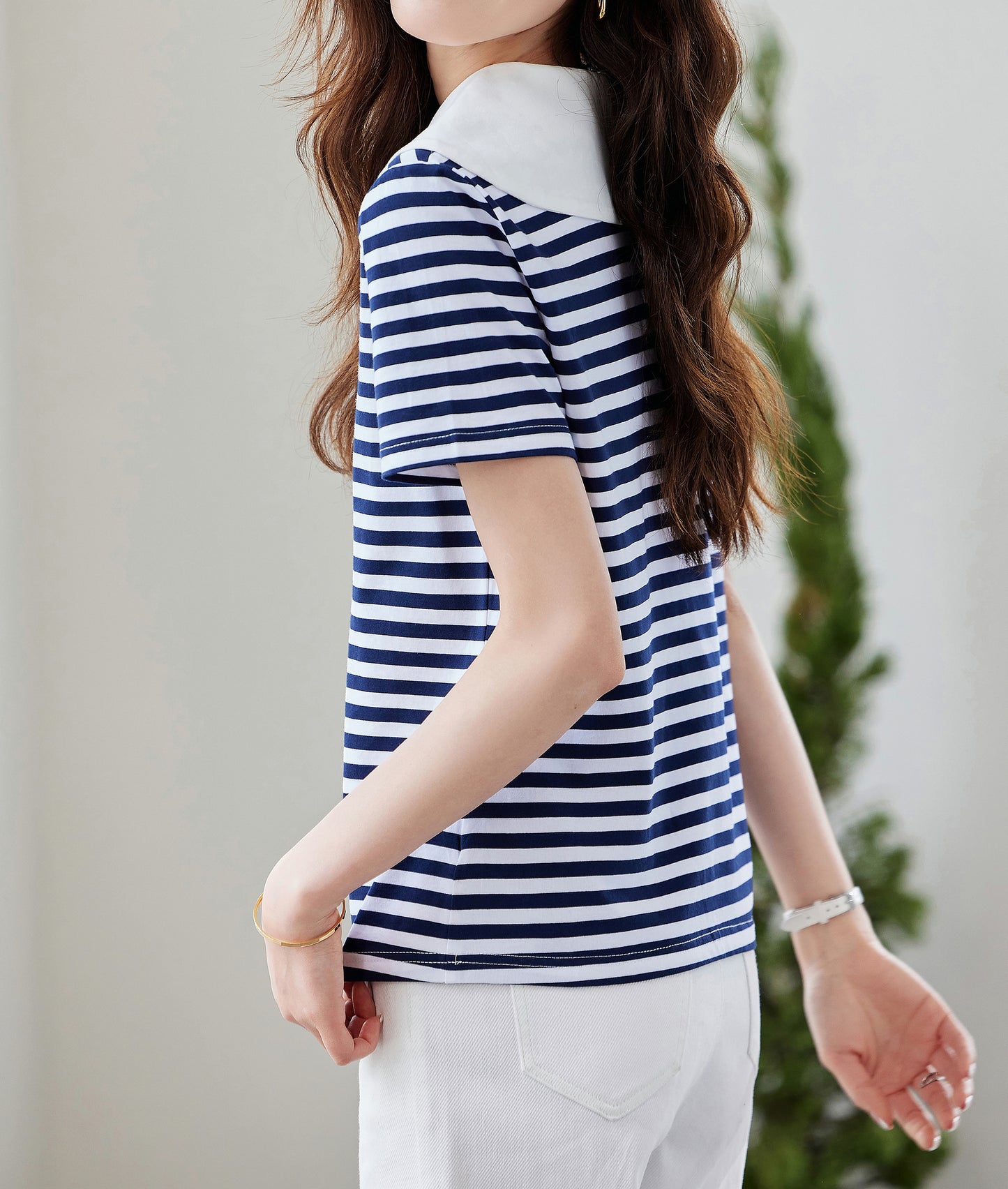 Striped Sailor Collar Tee – Navy & White
