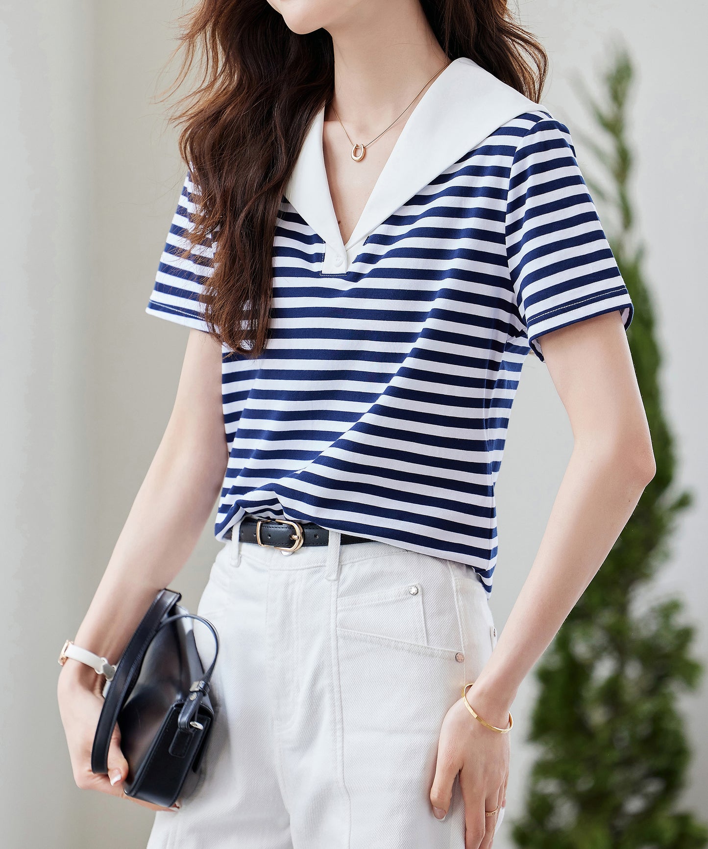 Striped Sailor Collar Tee – Navy & White