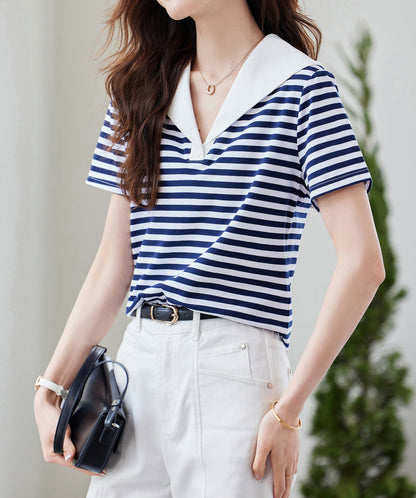Striped Sailor Collar Tee – Navy & White