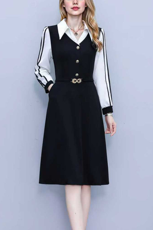 Women's V-Neck with Pockets Long Sleeve Black Dress