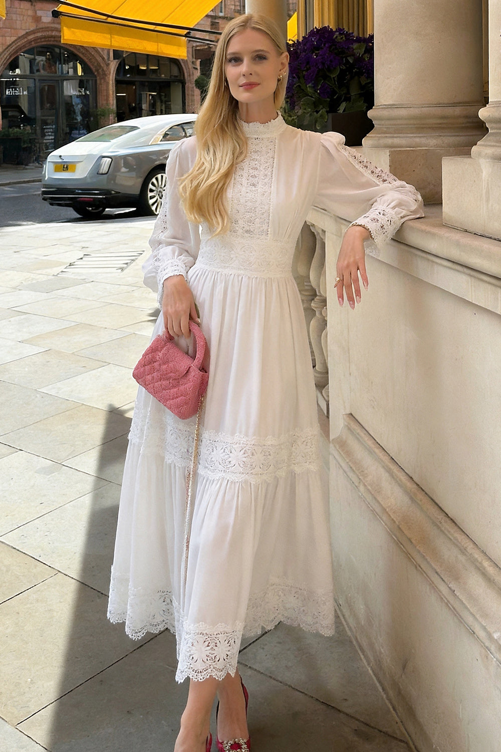 Women's Mock Neck Lantern Sleeve Lace Tiered Maxi Dress - LAI MENG FIVE CATS