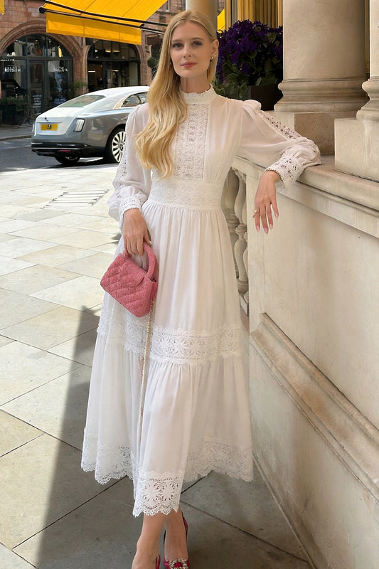 Women's Mock Neck Lantern Sleeve Lace Tiered Maxi Dress - LAI MENG FIVE CATS