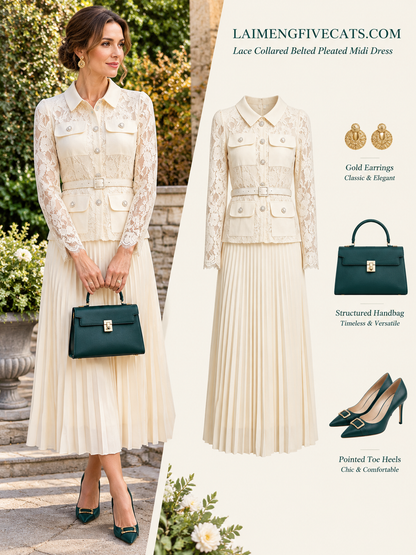 28729 Elegant Lace Pleated Midi Dress with Belt – 4 Colors