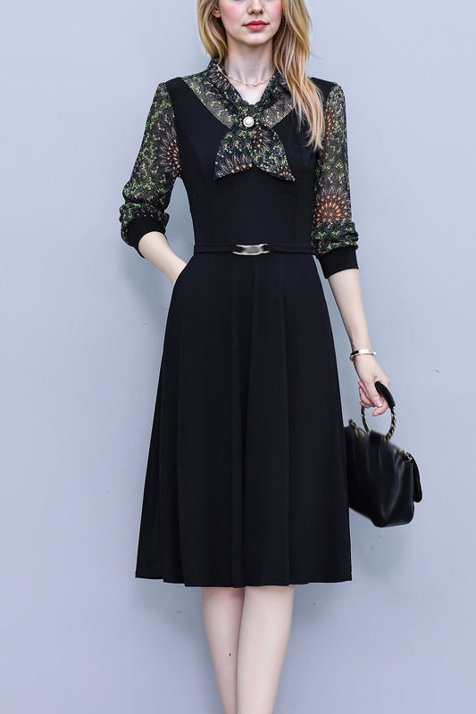 Women's V-Neck Long Sleeve Patchwork Black Dress