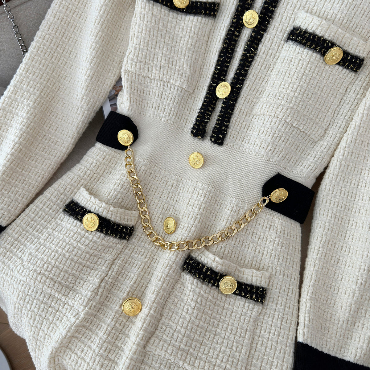 28701 Gold-Button Knit Mini Dress – Black & Ivory