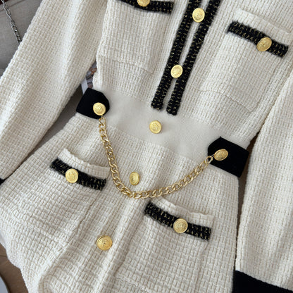 28701 Gold-Button Knit Mini Dress – Black & Ivory