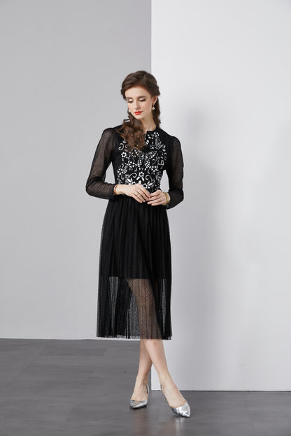 Women's Mesh Embroidery Pleated Midi Dress