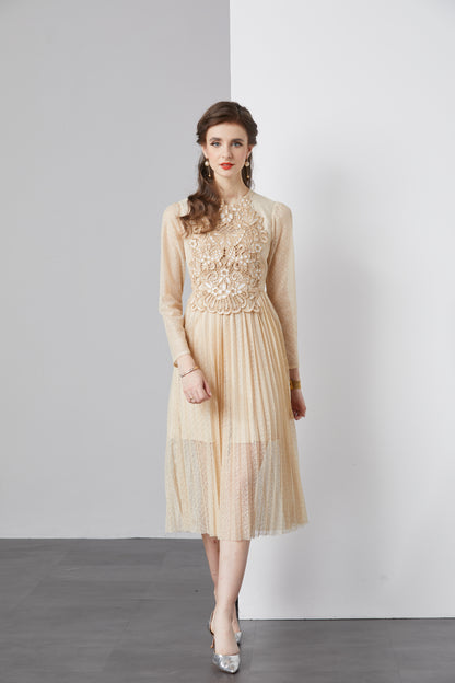 Women's Mesh Embroidery Pleated Midi Dress