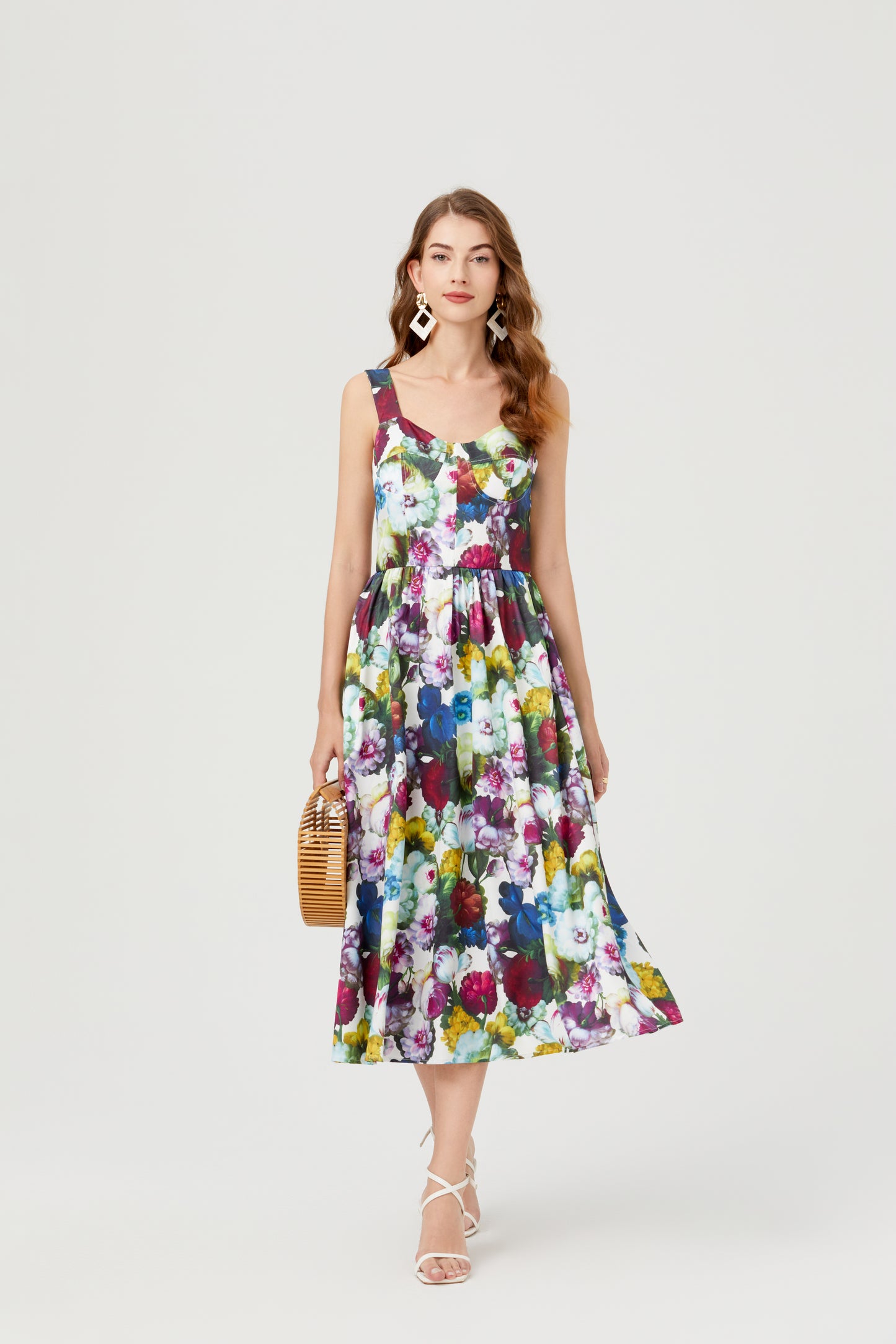 Women's Casual Sleeveless Floral Print Built-in Bra Midi Sun Dress