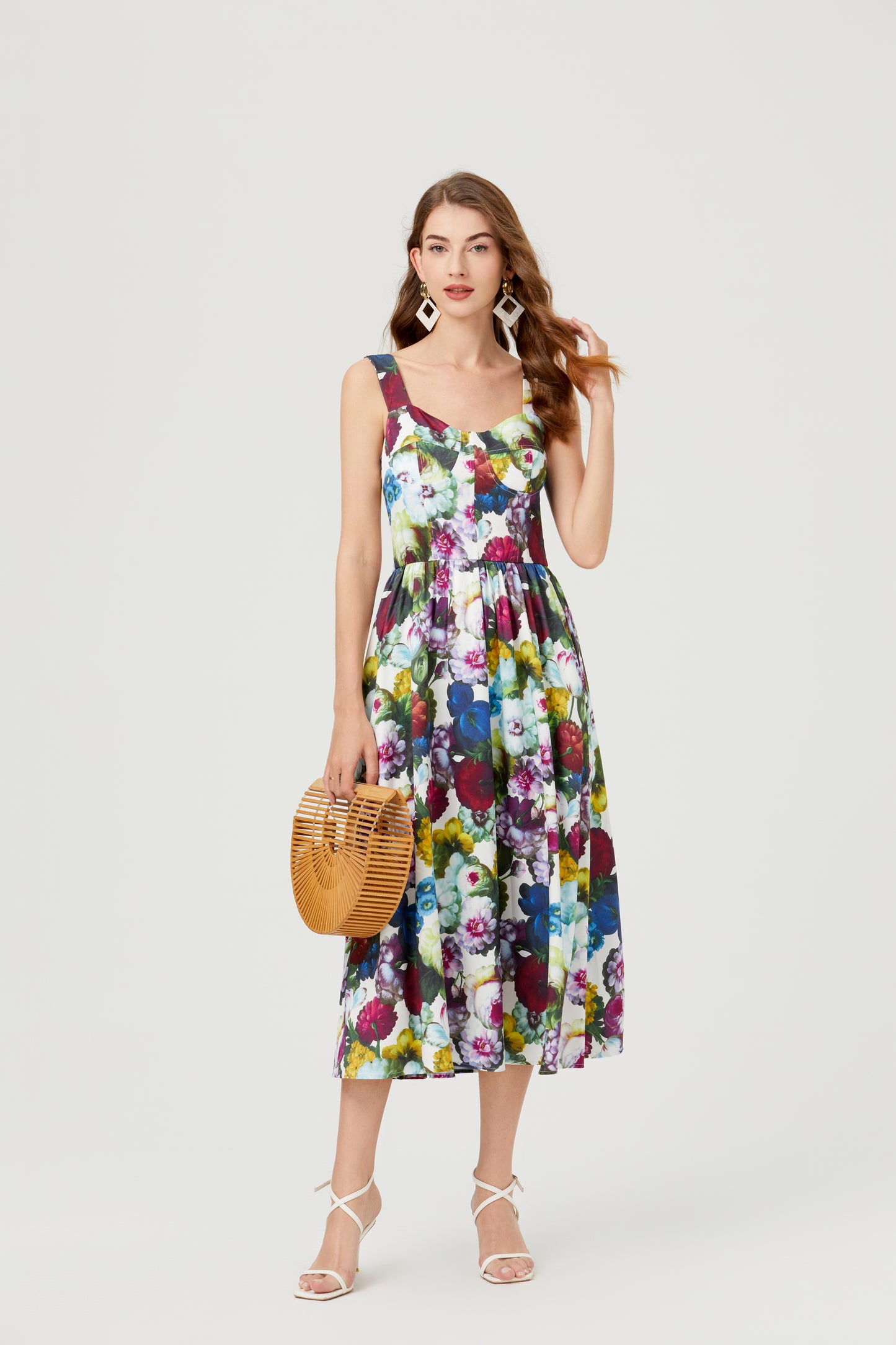 Women's Casual Sleeveless Floral Print Built-in Bra Midi Sun Dress