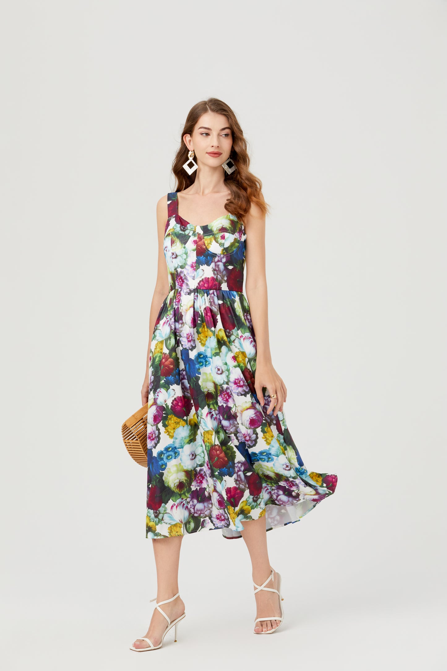 Women's Casual Sleeveless Floral Print Built-in Bra Midi Sun Dress