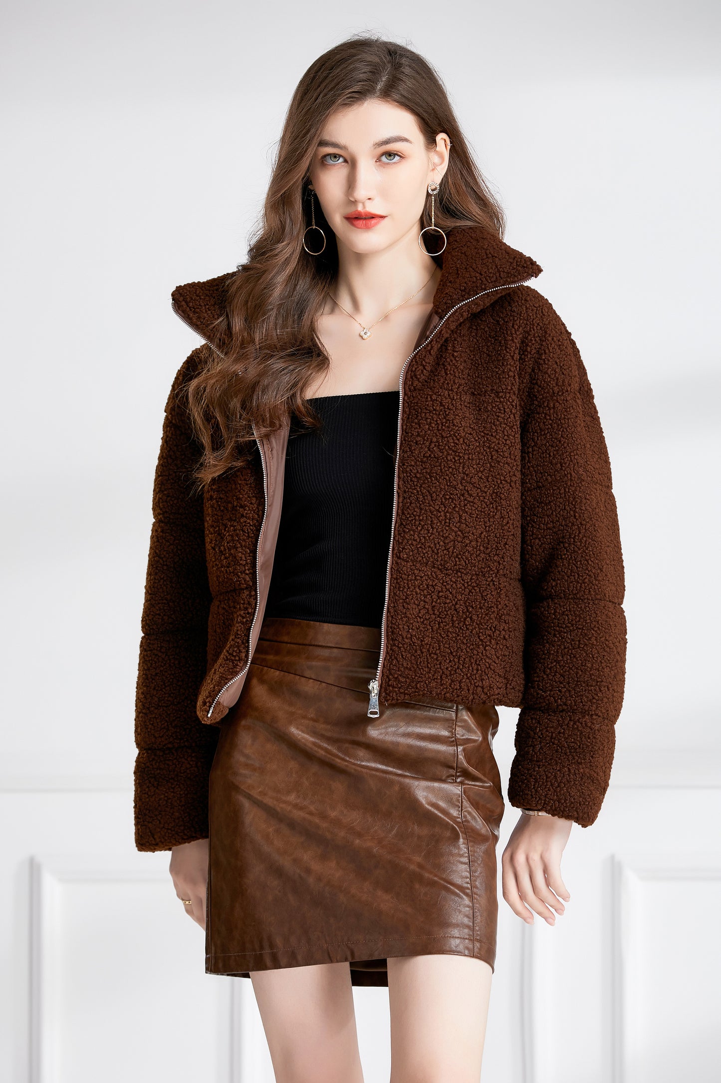 Women's 2023 fashion winter Lapel Zip Up Cropped Shacket Jacket Faux Wool Coat