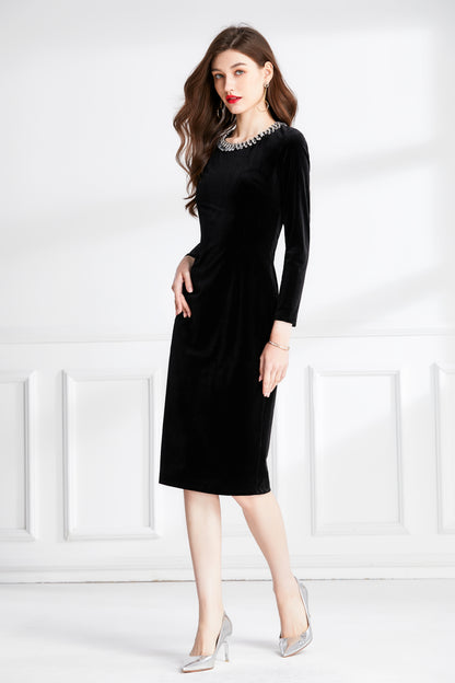 Women's black velvet neckline beaded side slit midi dress