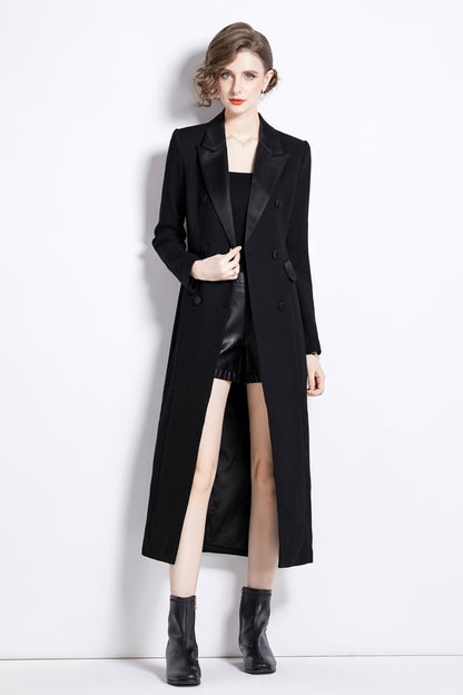Women's Notched Lapel Maxi-Length Trench Coat with Pocket