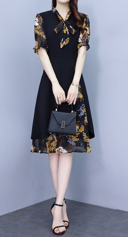 Floral Short-sleeved Tie Neck Midi Dress – Navy Blue