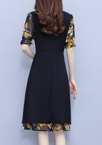 Floral Short-sleeved Tie Neck Midi Dress – Navy Blue
