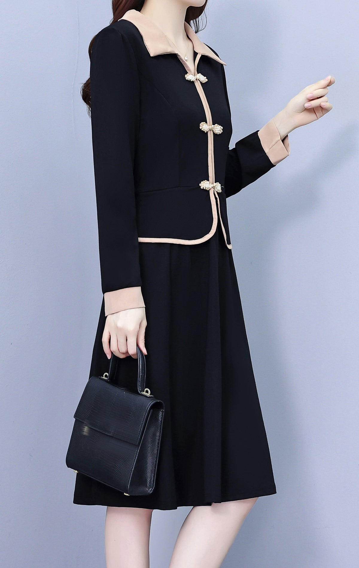 28724 Contrast Trim Collared Midi Dress - LAI MENG FIVE CATS