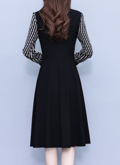 28159  Black Gingham Tie-Neck Midi Dress with Pockets - LAI MENG FIVE CATS