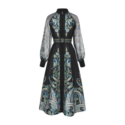 26-Women's Puff Sleeves Floral Print Button Maxi Dress