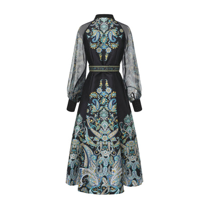 26-Women's Puff Sleeves Floral Print Button Maxi Dress